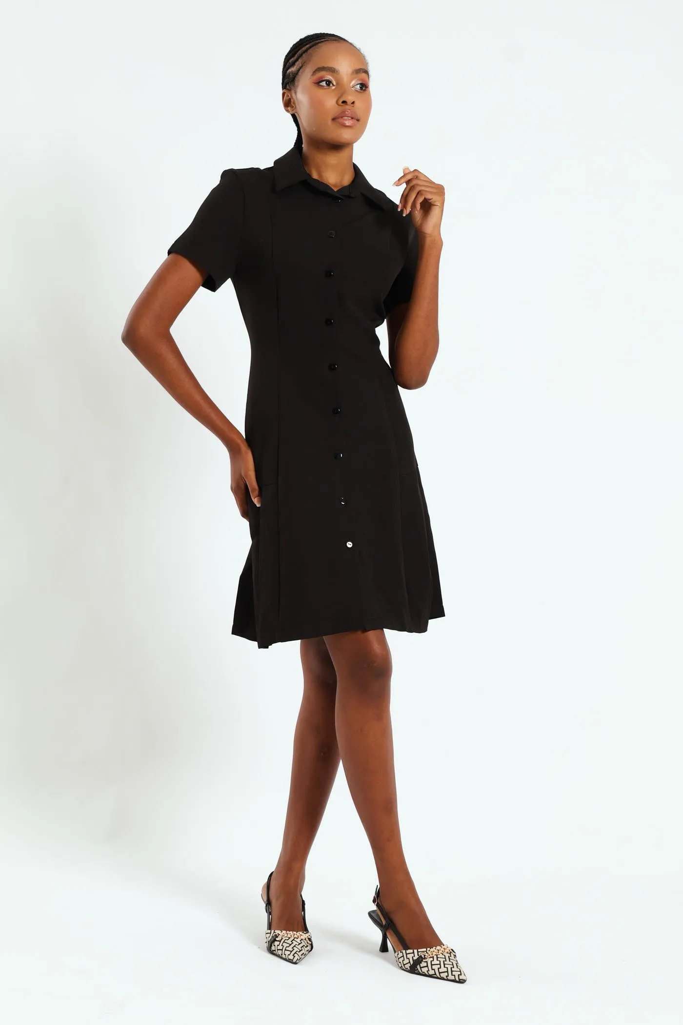 Button Through Pleated Work Dress - Black sold by Edgars
