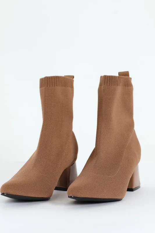 Pointed Block Heel Ankle Sock Boot - Taupe sold by Edgars 