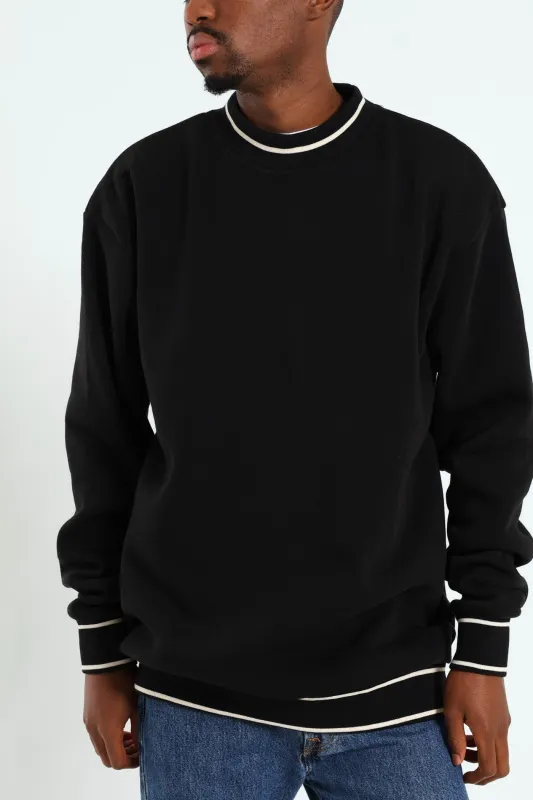 Basic Tipped Collar Fleece Pullover - Black made by Swagga