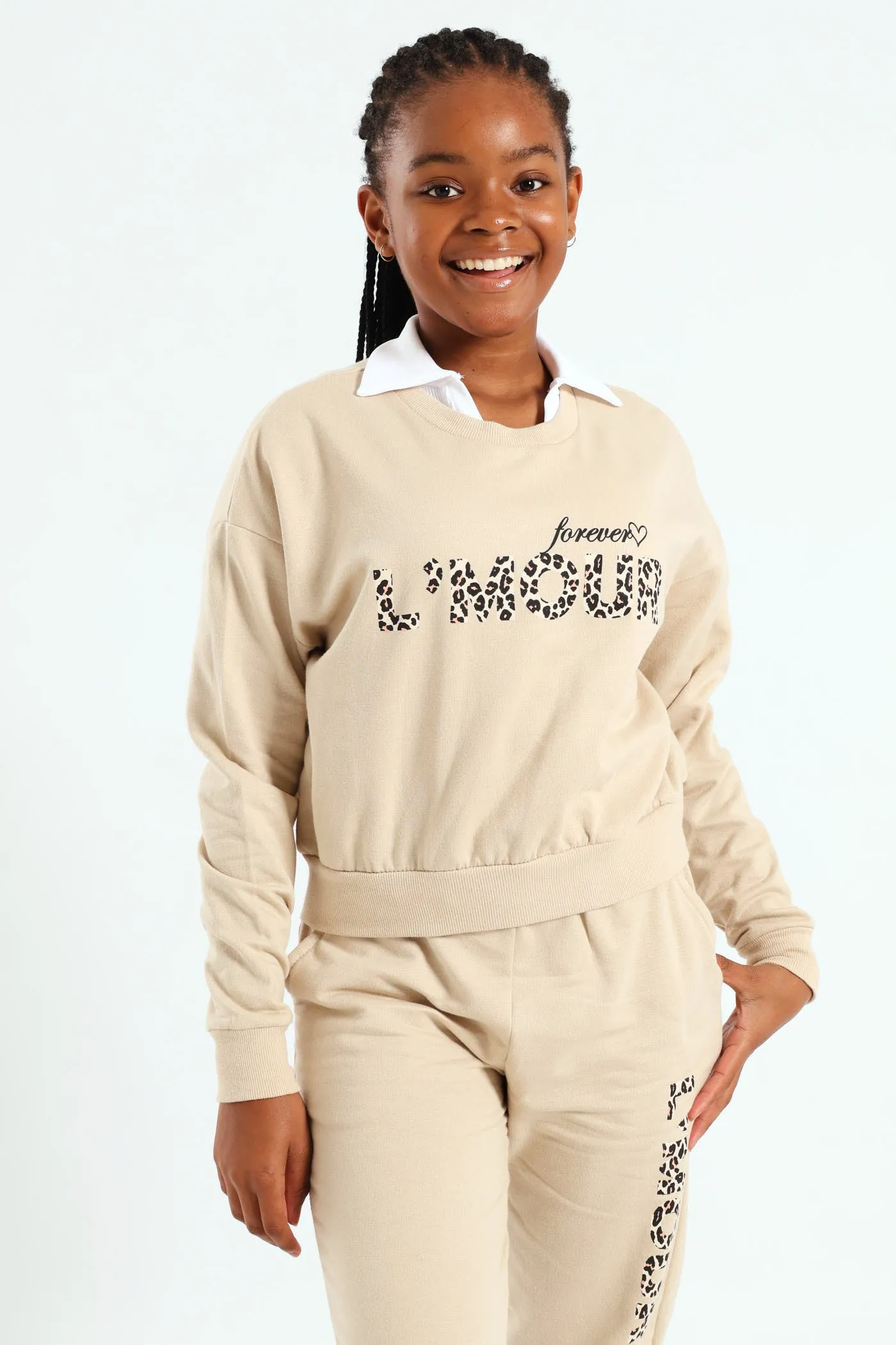 Girls L'amour Fleece Crew Top - Stone sold by Edgars product image thumbnail 3