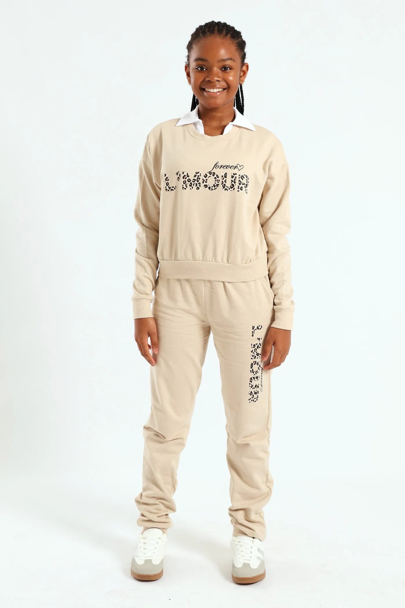 Girls L'amour Fleece Crew Top - Stone sold by Edgars