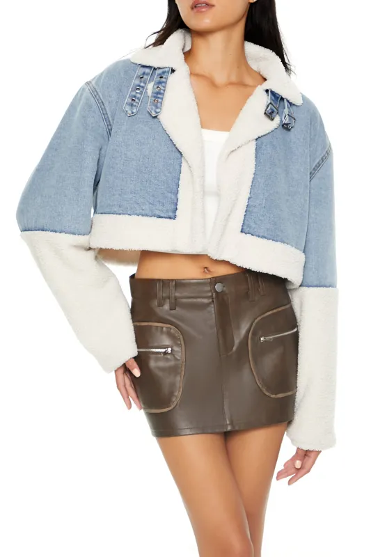 Faux Shearling Denim Moto Jacket - Light Blue sold by Edgars