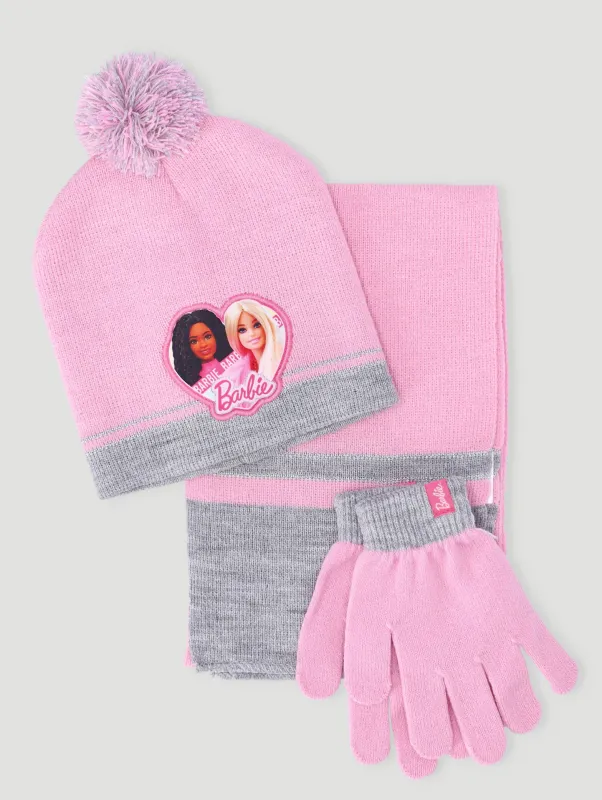 Pre-Girls Barbie 3 Pack Beanie Glove Scarf Set - Pink sold by Edgars