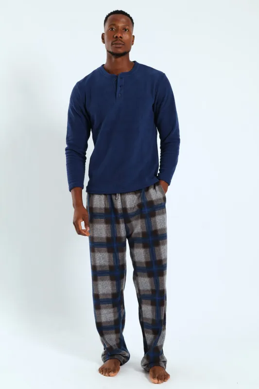 Polar Fleece Long Sleeve Top & Check Pant Pj Set - Indigo sold by Edgars 