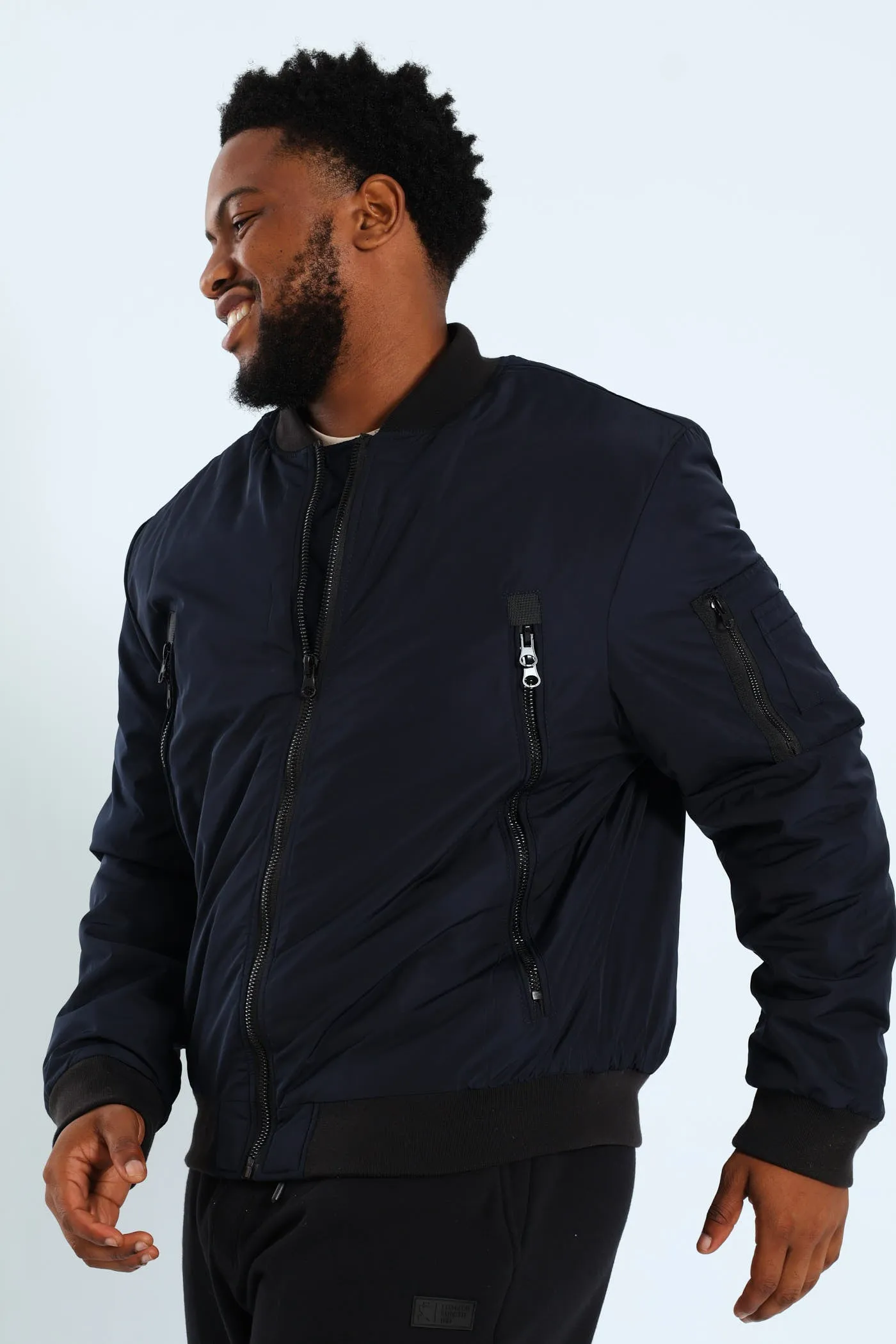 Longer Zip Bomber Jacket - Navy sold by Edgars
