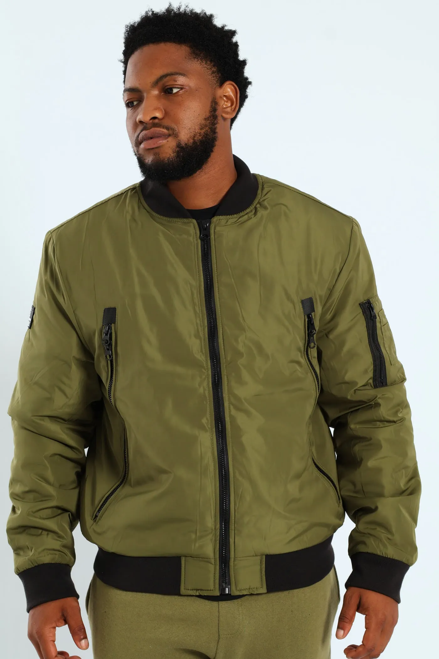 Longer Zip Bomber Jacket - Olive sold by Edgars