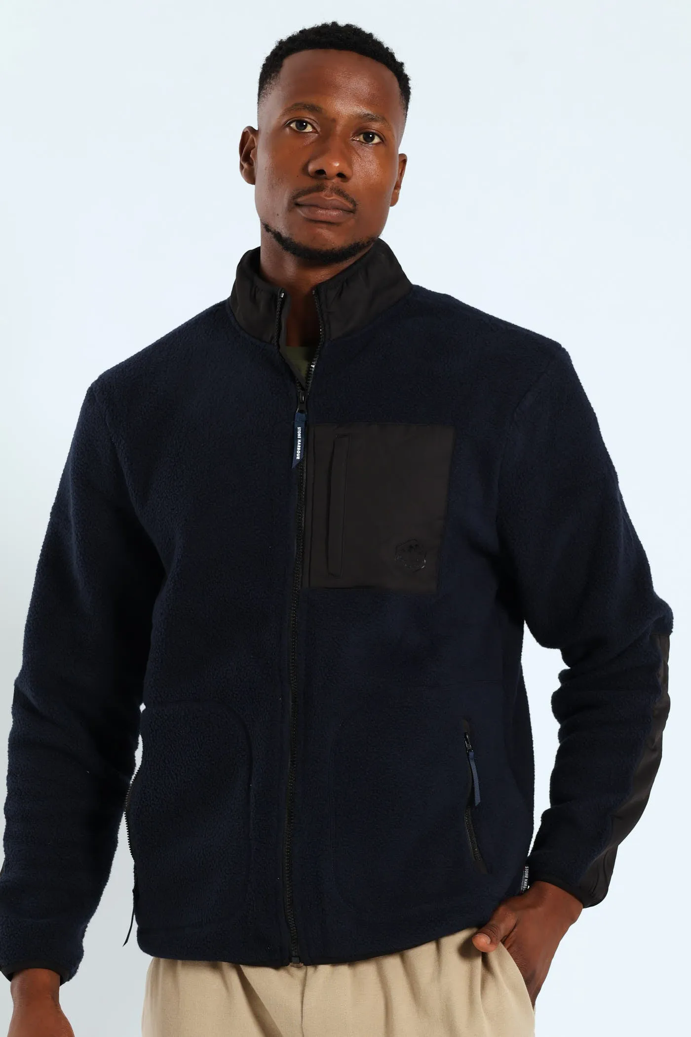 Polar Fleece Nylon Combo Zip Through Jacket - Navy/Black sold by Edgars