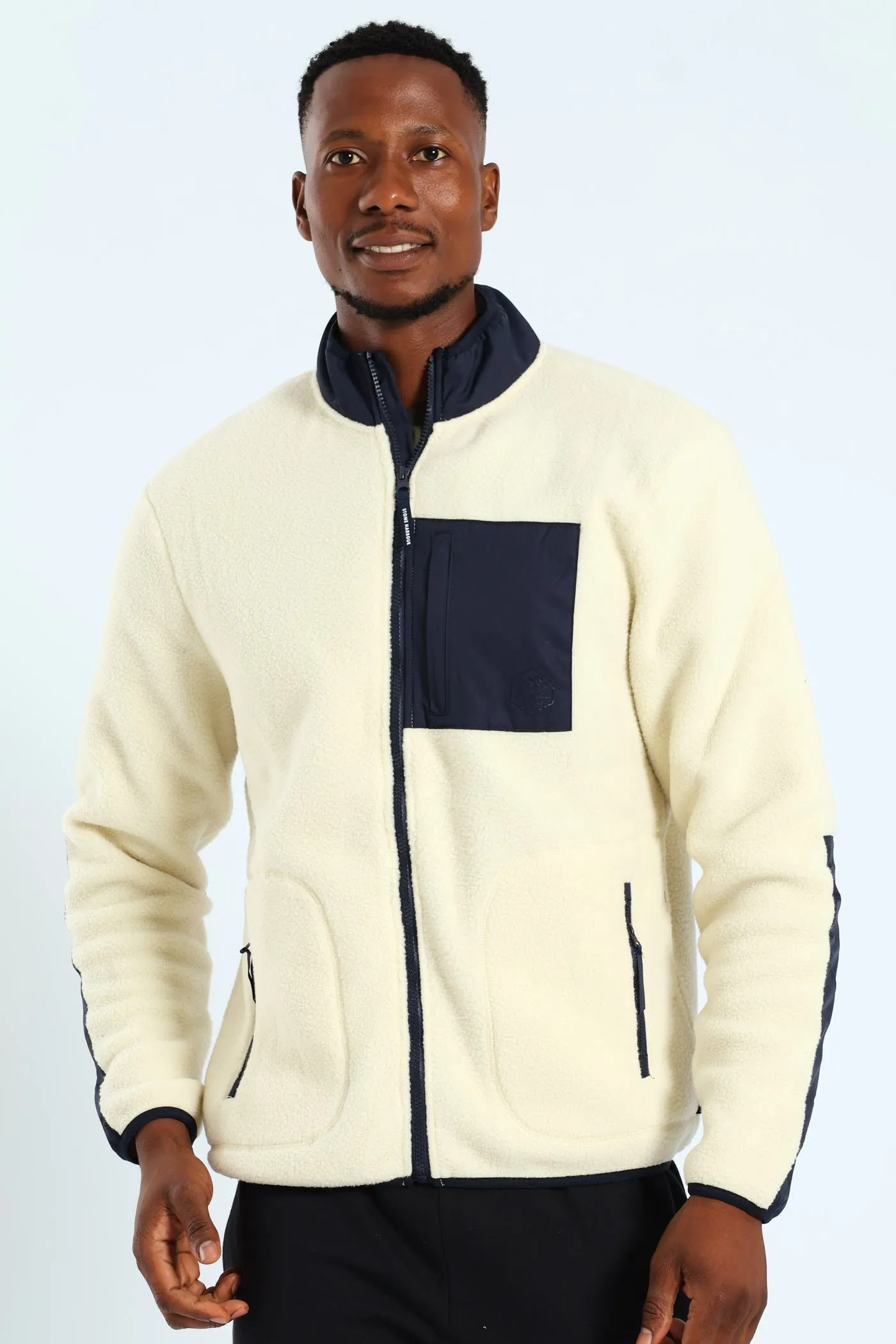 Polar Fleece Nylon Combo Zip Through Jacket - Light Stone/Navy sold by Edgars
