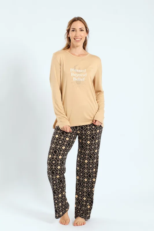 Soft Touch Long Sleeve Top & Pants Set - Light Brown sold by Edgars 