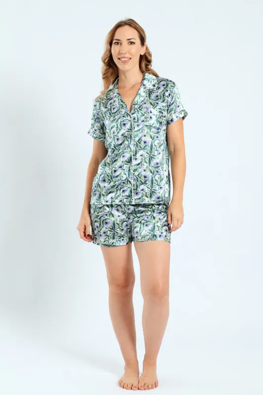 Satin Floral Sketch Button Through & Short Set - Mid Green sold by Edgars