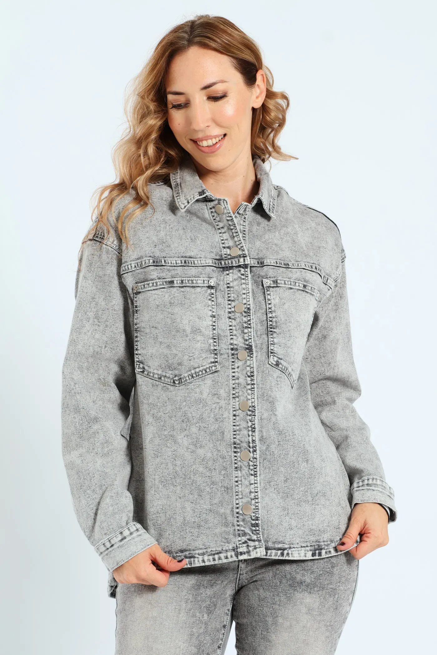 Curved Hem Stretch Denim Shacket - Salty Grey sold by Edgars product image thumbnail 2