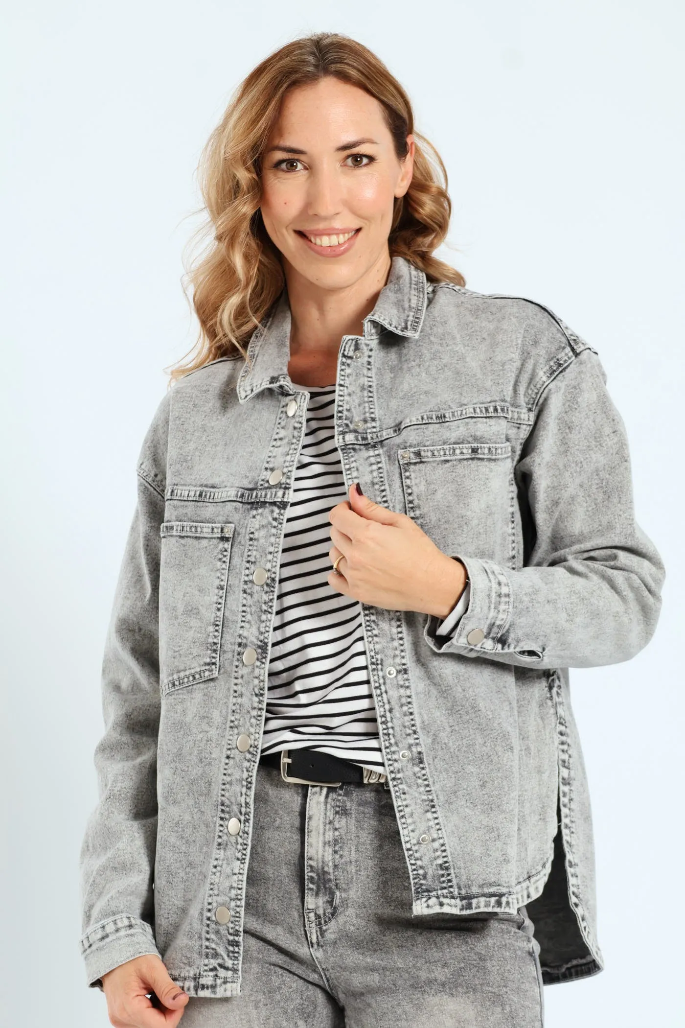 Curved Hem Stretch Denim Shacket - Salty Grey sold by Edgars