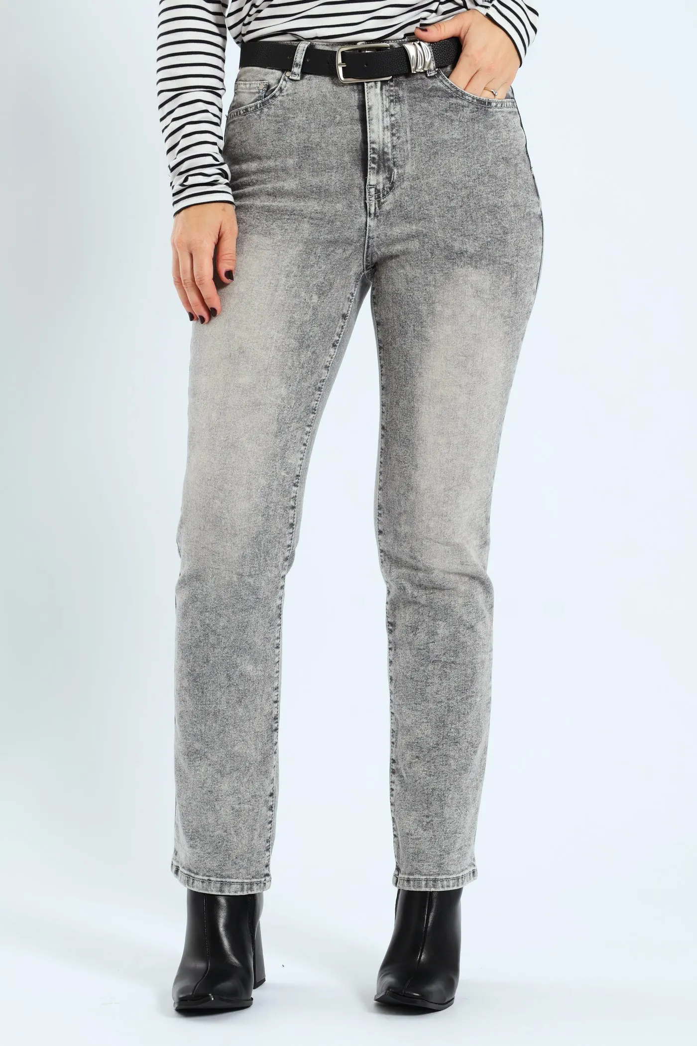 Hi-Rise Belted Straight Leg Denim - Salty Grey sold by Edgars