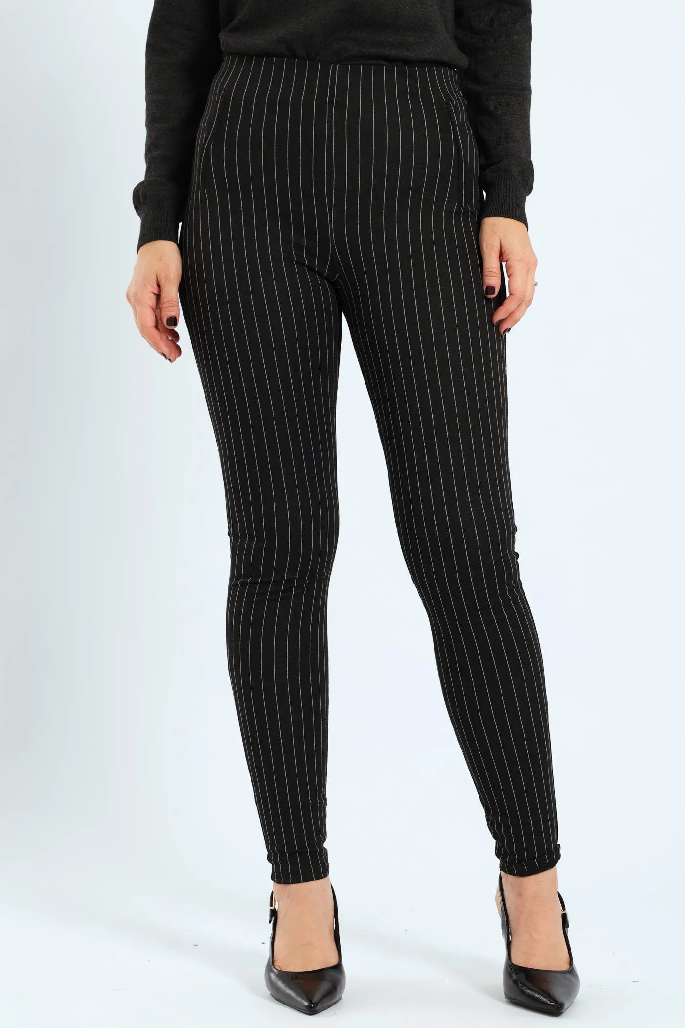 Pinstripe Ponte Skinny Pants - Black/Grey sold by Edgars