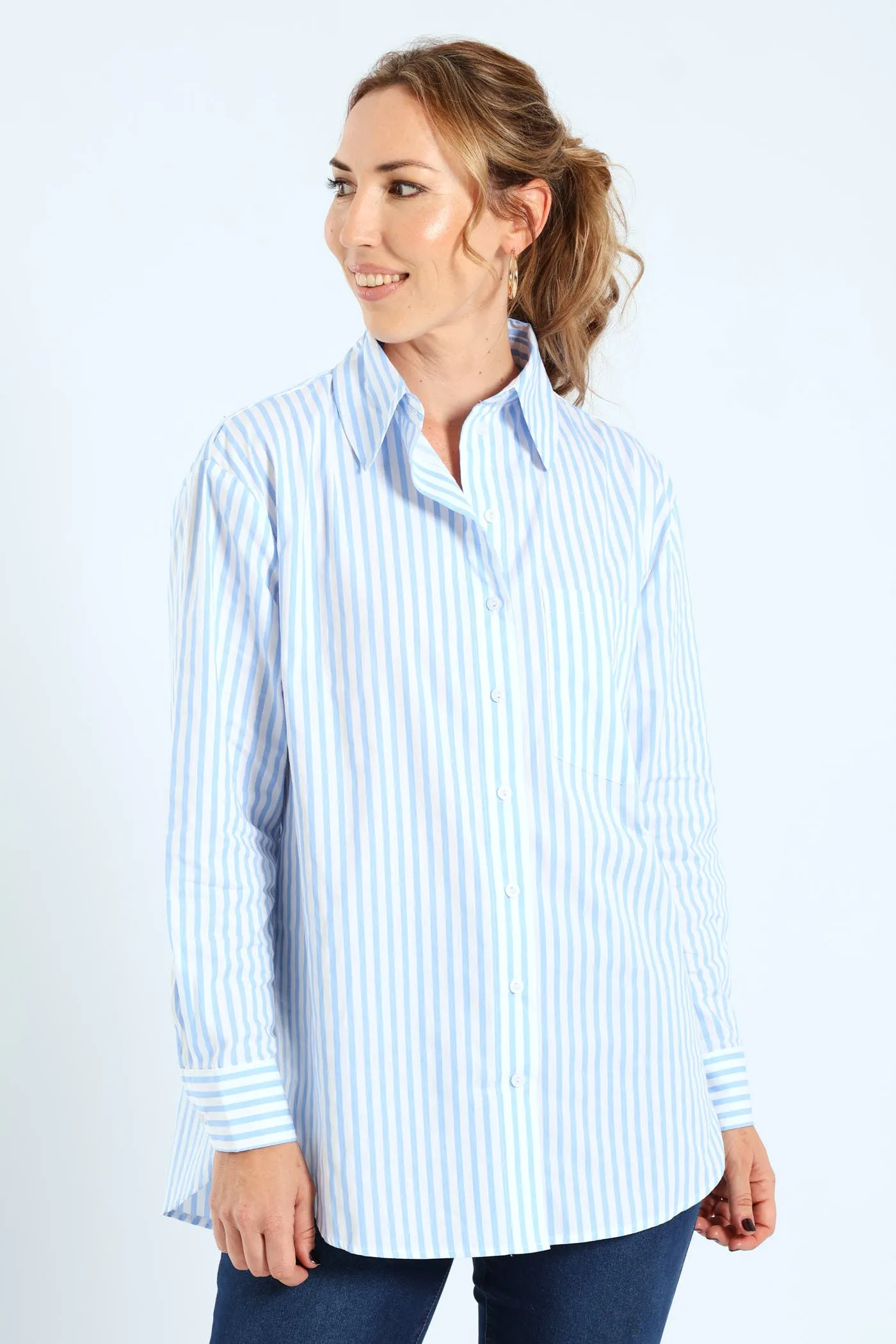 Long Sleeve Oversized Stripe Poplin Shirt - White/Blue sold by Edgars