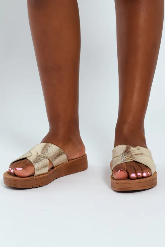 Wedged Comfort Outsole Crosstrap Mule Sandal - Gold sold by Edgars