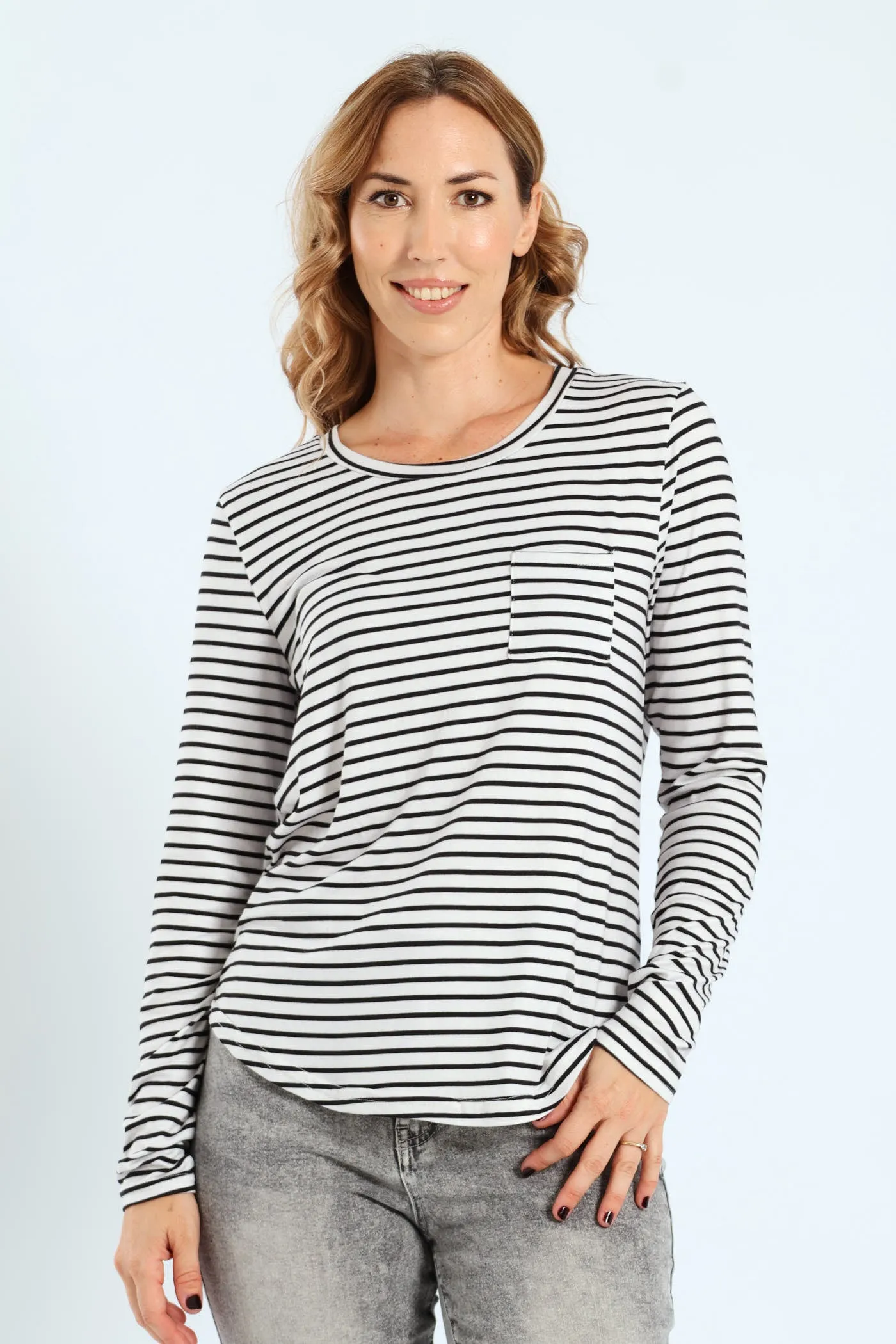 Stripe Pocket Crew Top - Black/Grey sold by Edgars