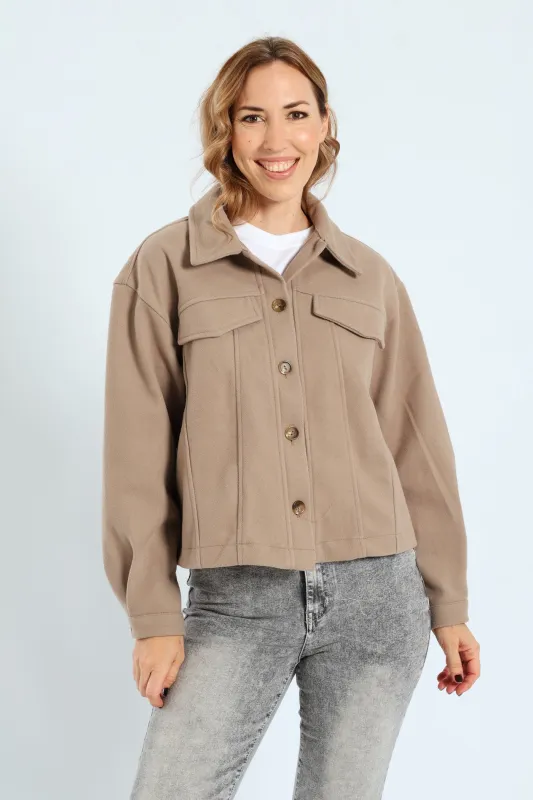 Utility Pocket Melton Trucker Jacket - Oatmeal Melange sold by Edgars