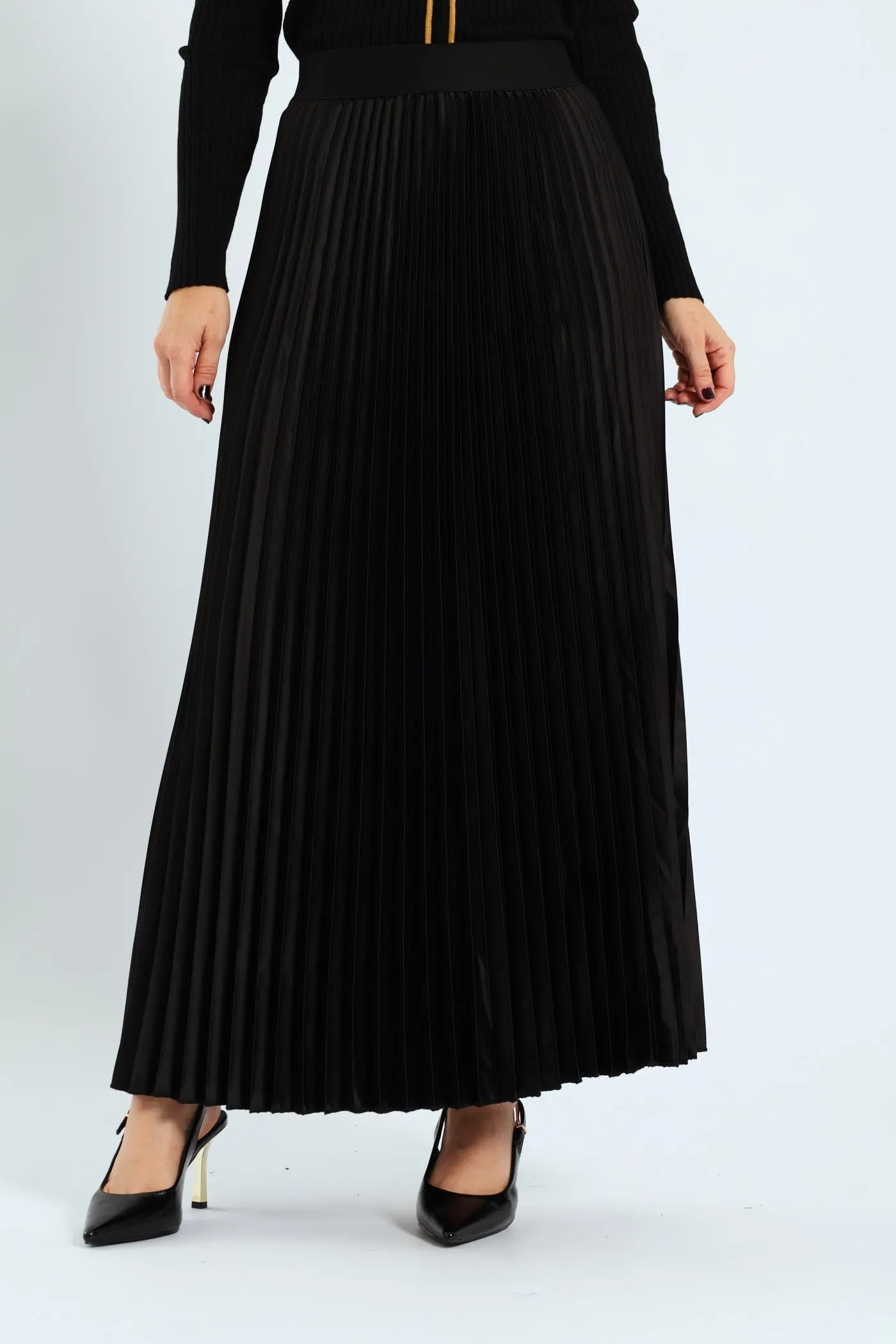 Pleated Satin Maxi Skirt - Black sold by Edgars