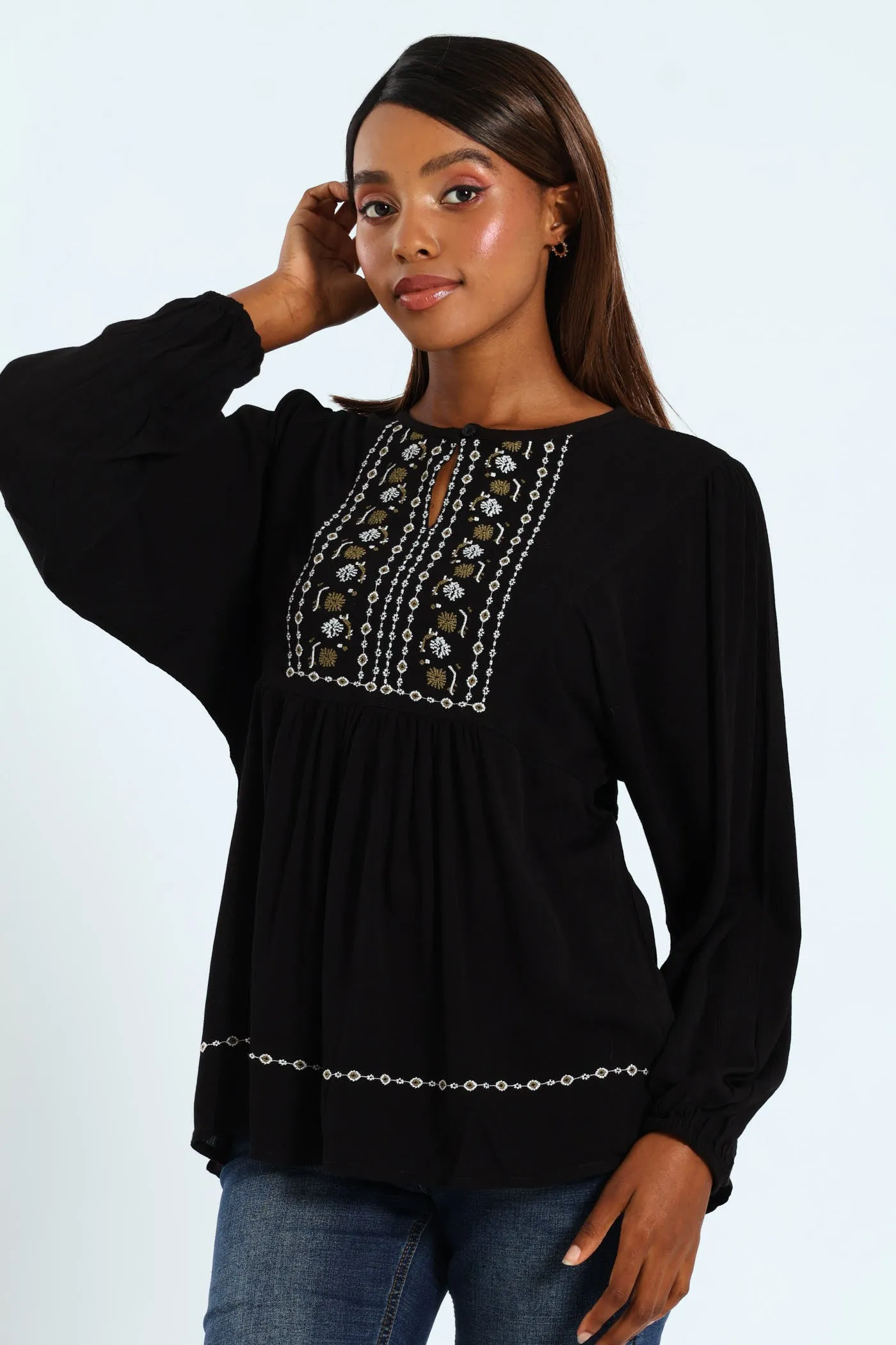 Embroidered Detail Boho Blouse - Black sold by Edgars