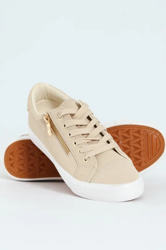 Lace Up Textured Sneaker With Zip - Stone sold by Edgars