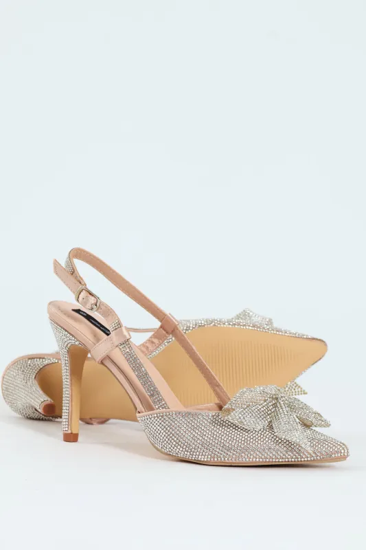 Diamante Encrusted With Bow Detail Slingback Heel - Silver sold by Edgars 