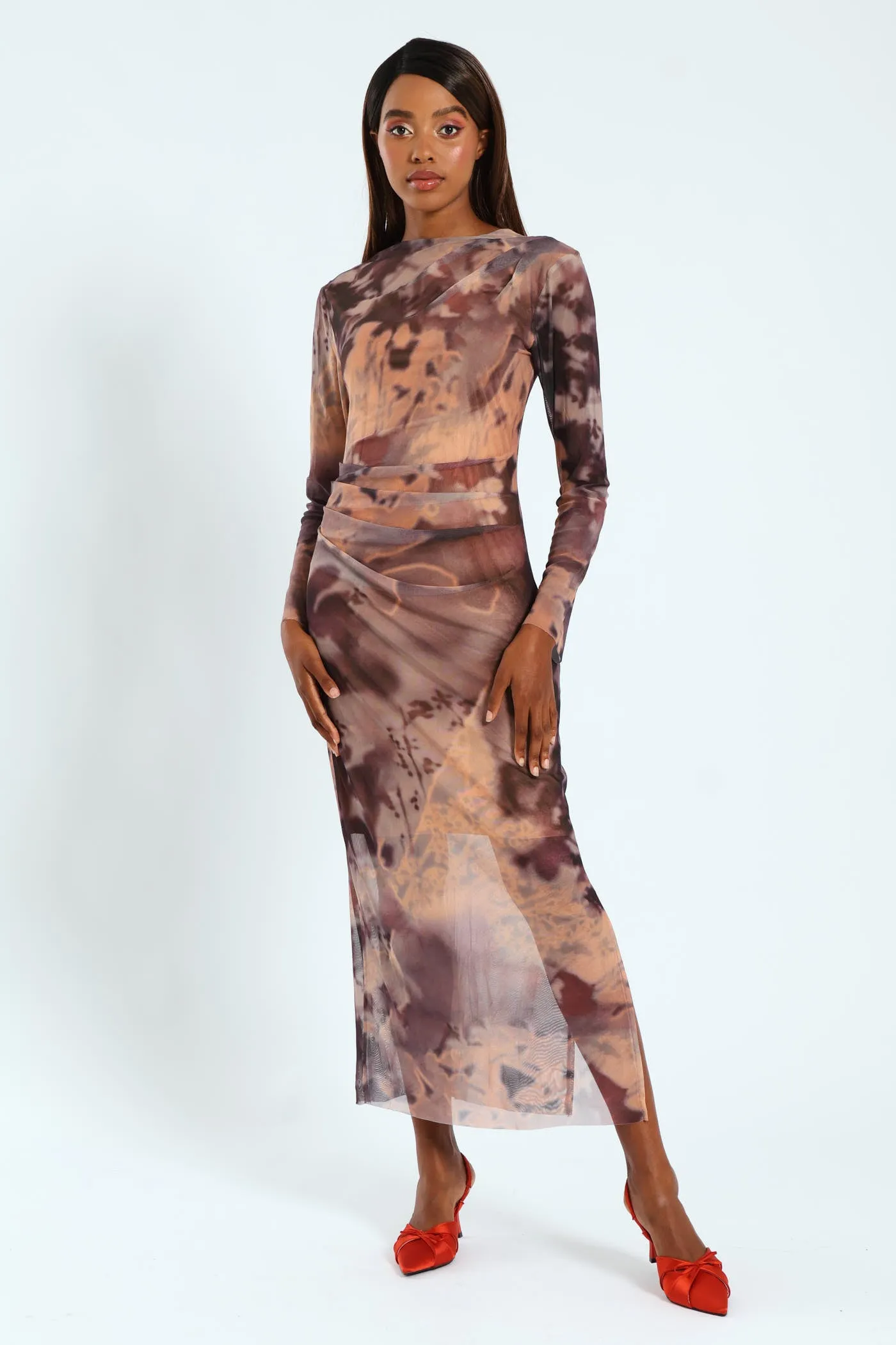 Drape Detail Tie Dye Mesh Midi Dress sold by Edgars