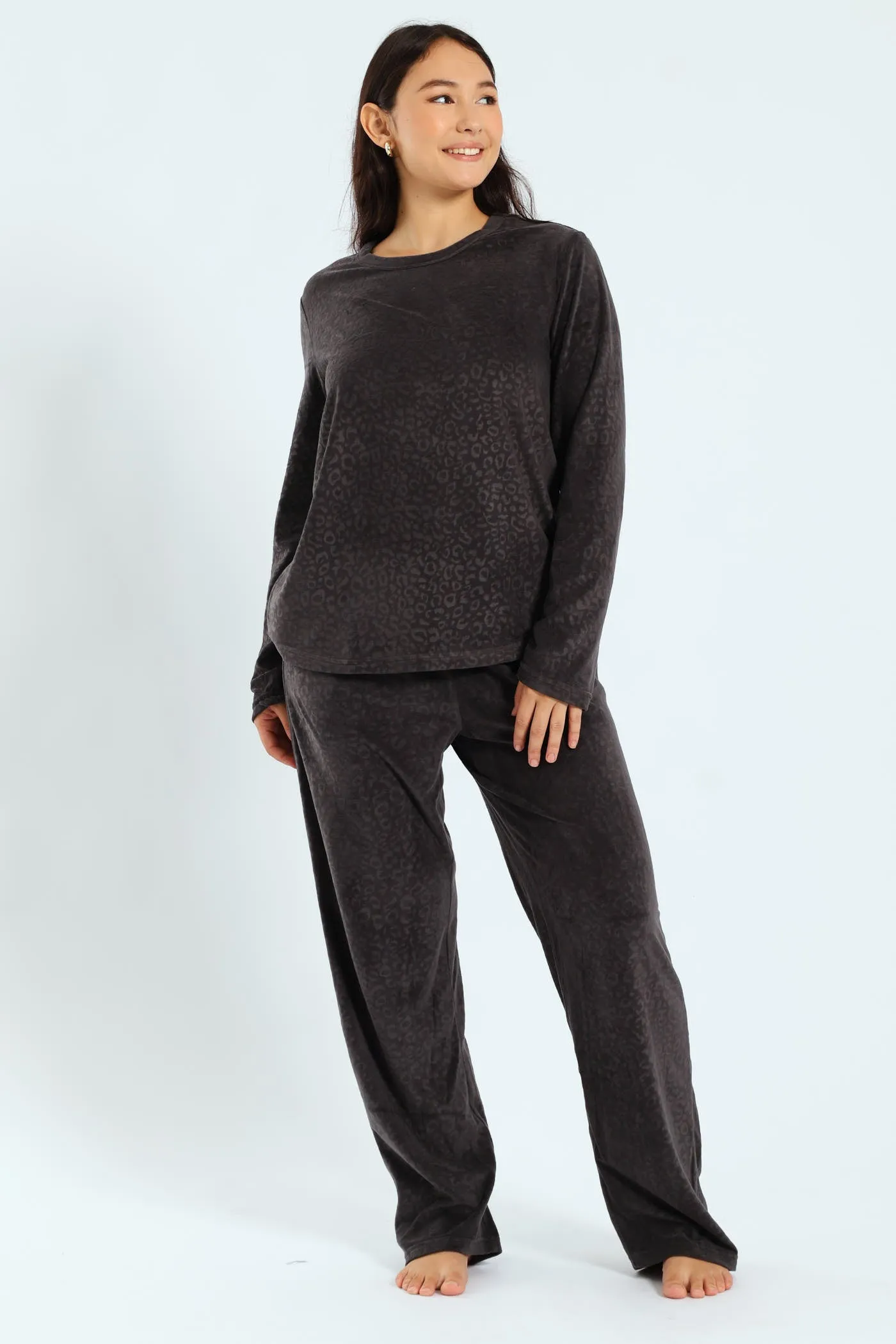 Long Sleeve Embossed Animal Print Top & Pants Set - Charcoal sold by Edgars