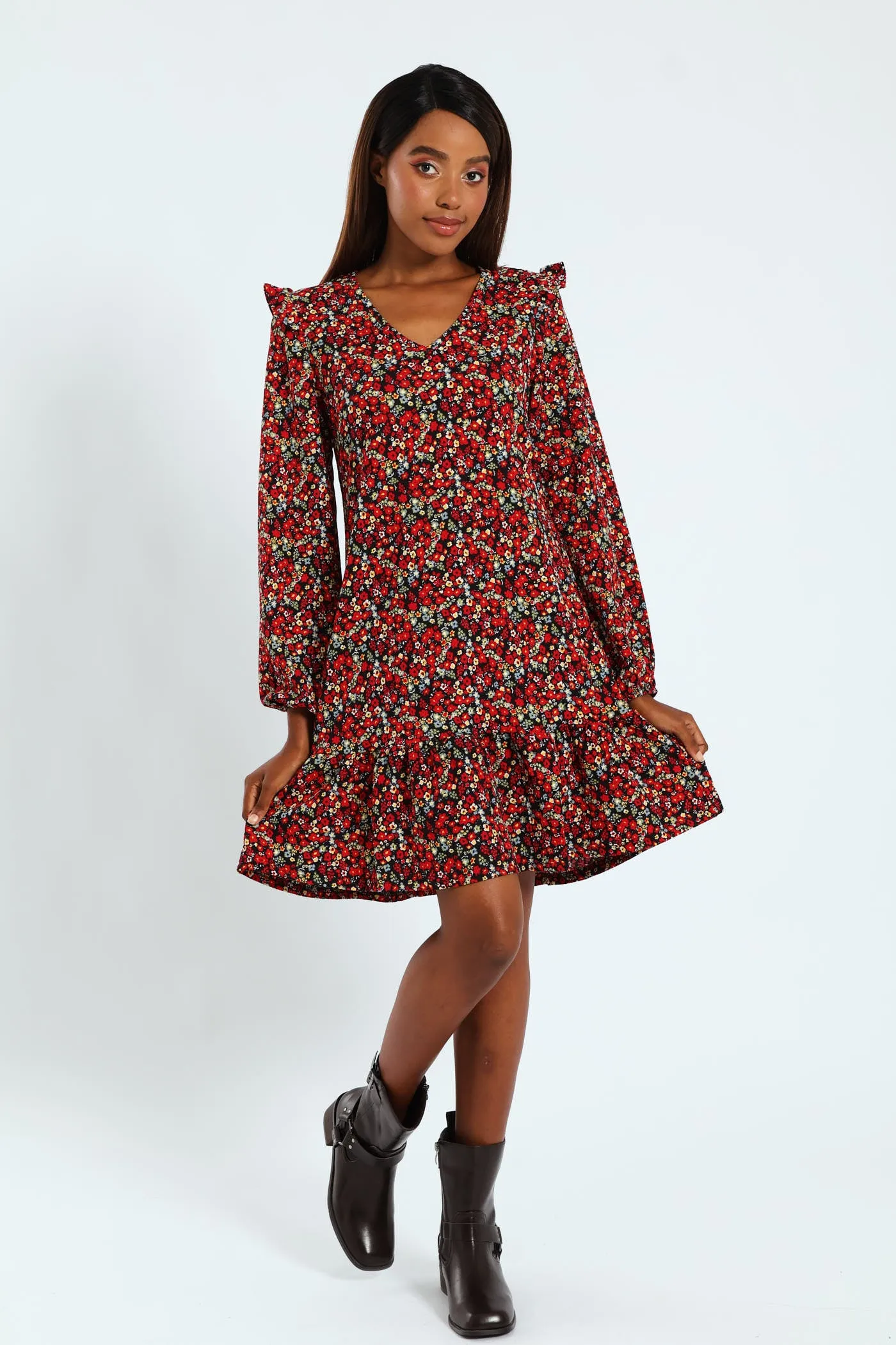 V-Neck Shoulder Frill Crinkle Mini Dress sold by Edgars