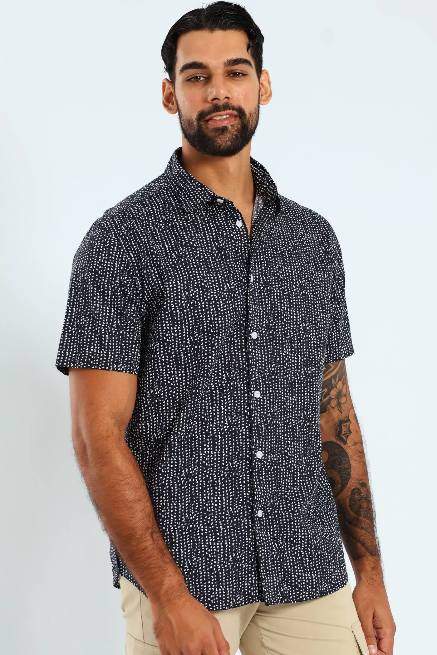 Short Sleeve Block Print Shirt - Navy sold by Edgars