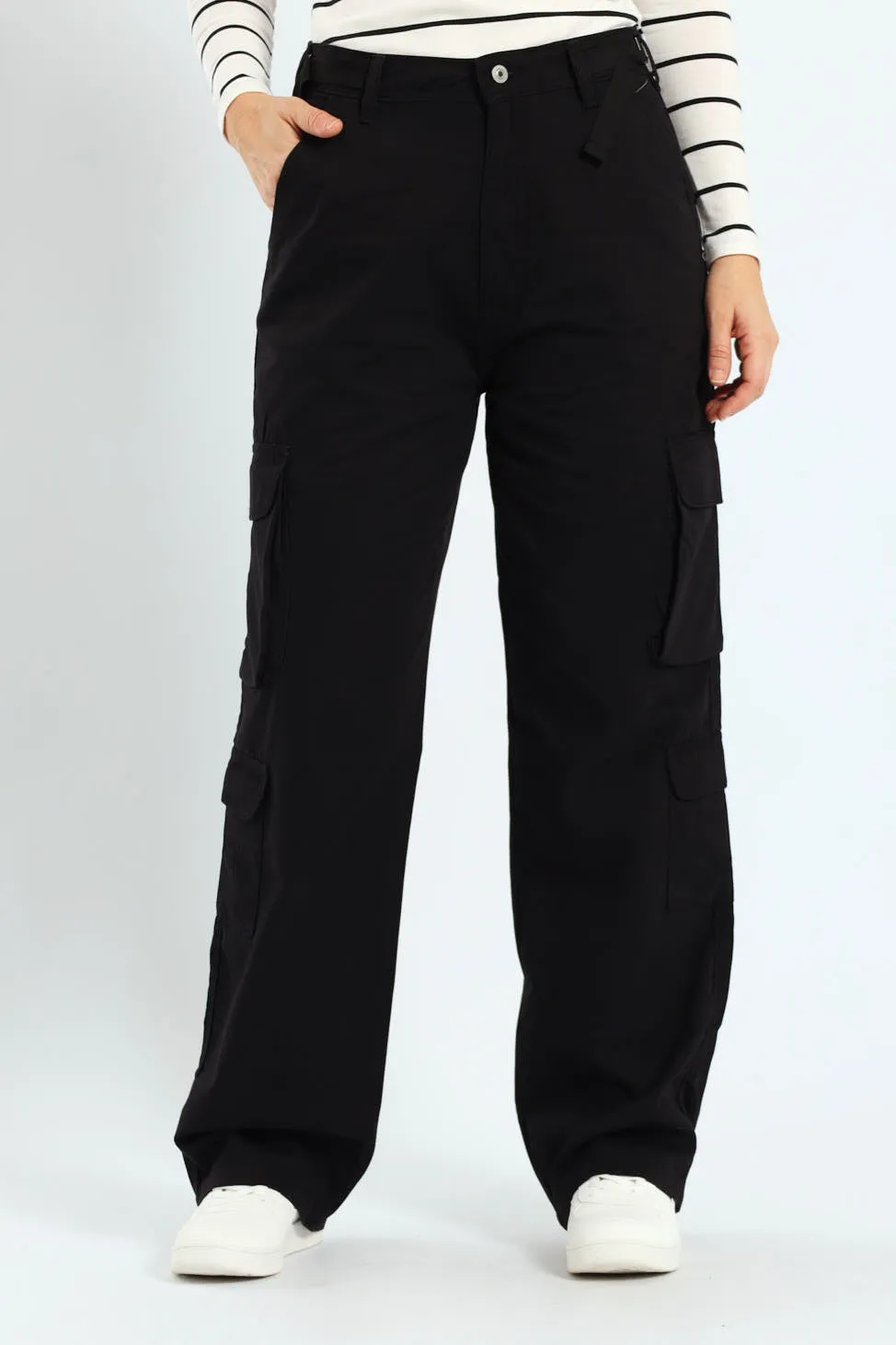 Twill Utility Wideleg Pants With Waist Tape Detail - Black sold by Edgars
