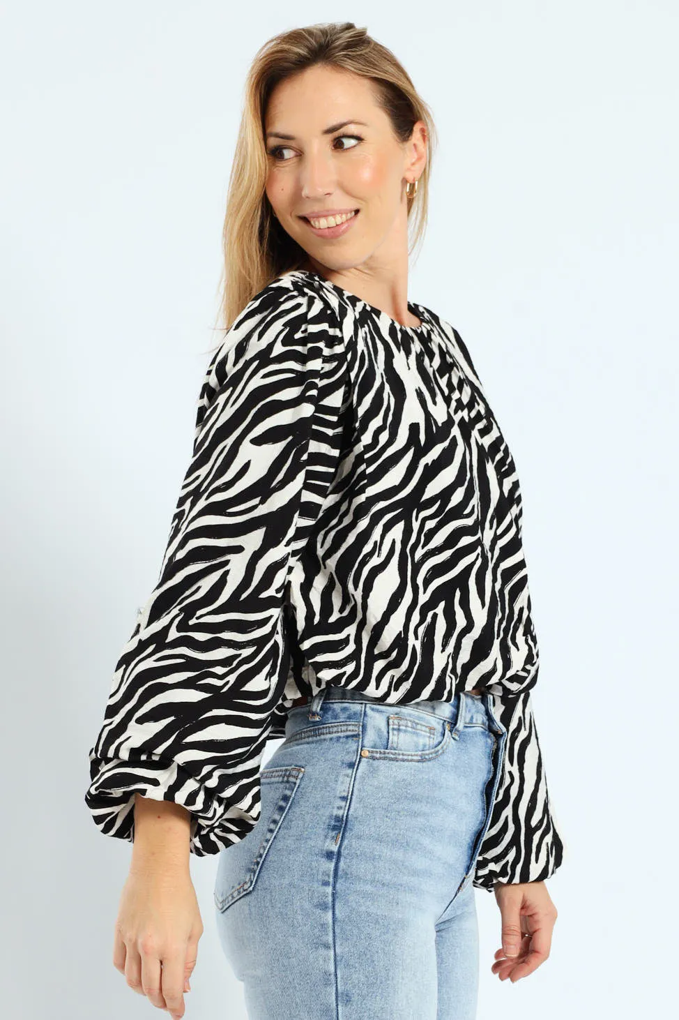 Zebra Puff Sleeve Bubble Hem Blouse - Cream/Black sold by Edgars product image thumbnail 2