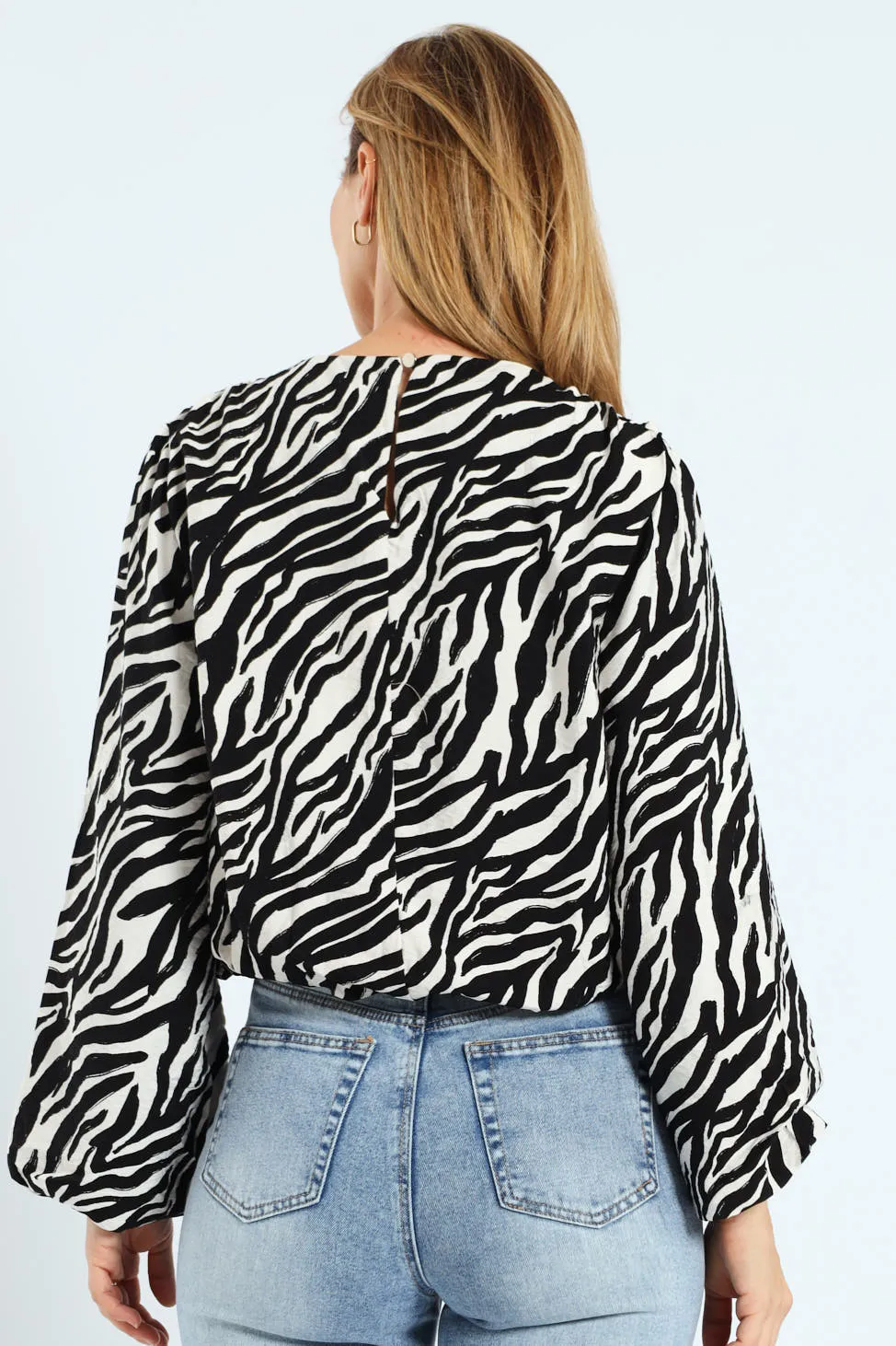 Zebra Puff Sleeve Bubble Hem Blouse - Cream/Black sold by Edgars product image thumbnail 3