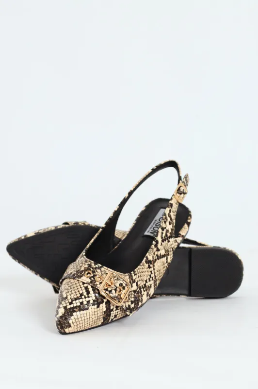 Pointed Toe Buckle Snake Print Sling Back sold by Edgars
