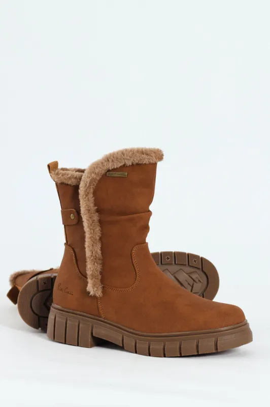 Kiera Fur Lined Mid Calf Lug Sole Boot - Tan sold by Edgars
