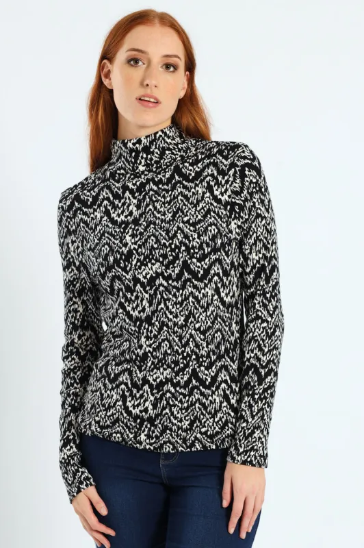 Long Sleeve Print Rib Poloneck - Black/White sold by Edgars