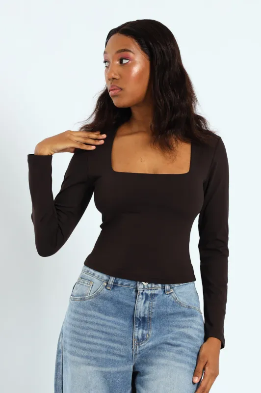 Long Sleeve Skin Tight Square Neck Top - Black sold by Edgars