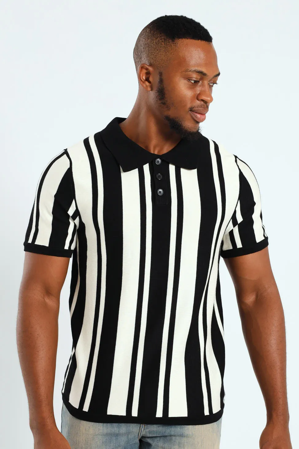 Striped Textured Knit Golfer - Ecru sold by Edgars