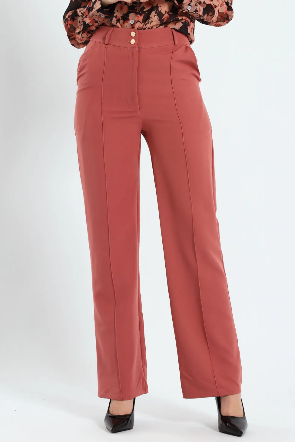 Double Button Pintuck Straight Leg Pants - Deco Rose sold by Edgars