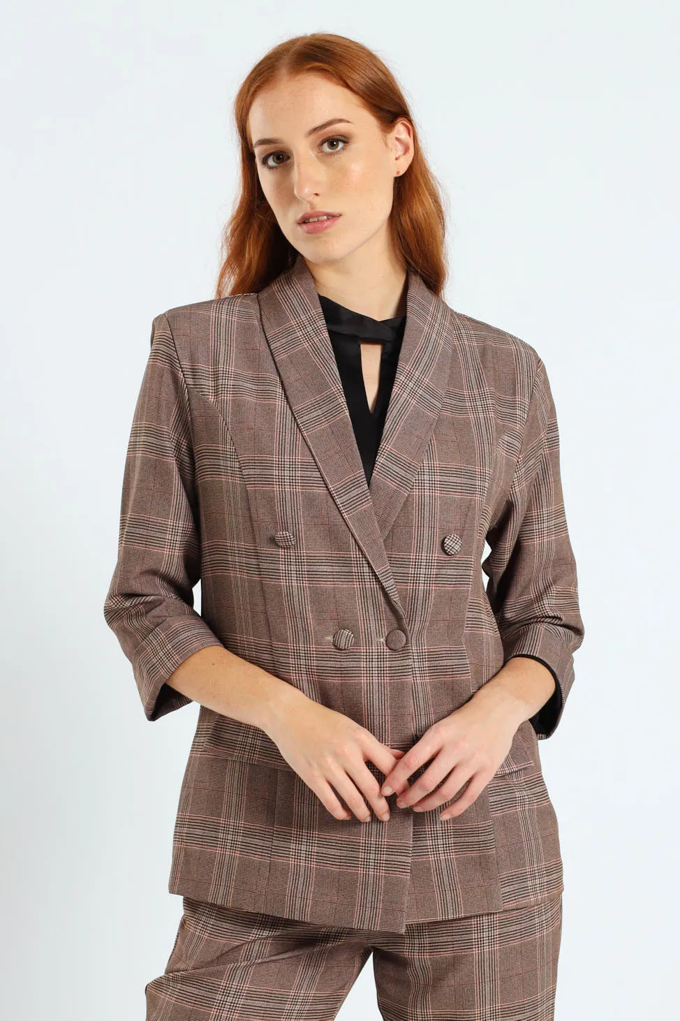 Turn Up Check Sleeve Blazer - Brown sold by Edgars