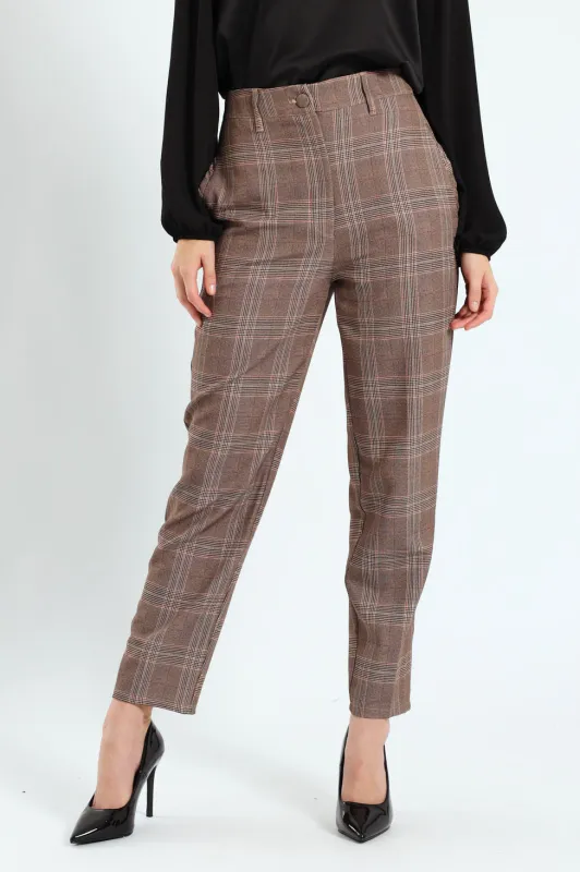 Tartan Check Tapered Leg Pants - Brown sold by Edgars