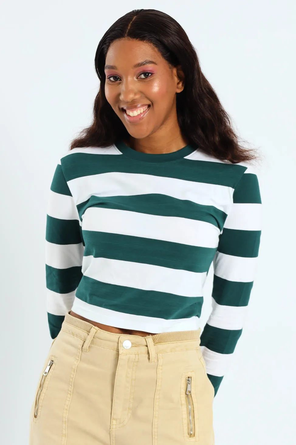 Long Sleeve Striped Basic Tee - Bottle Green sold by Edgars