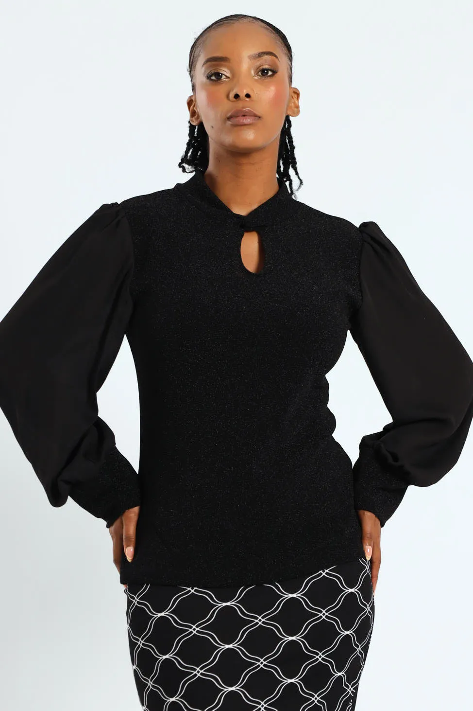 Twist Neck Keyhole Shimmer Combo Blouse - Black sold by Edgars