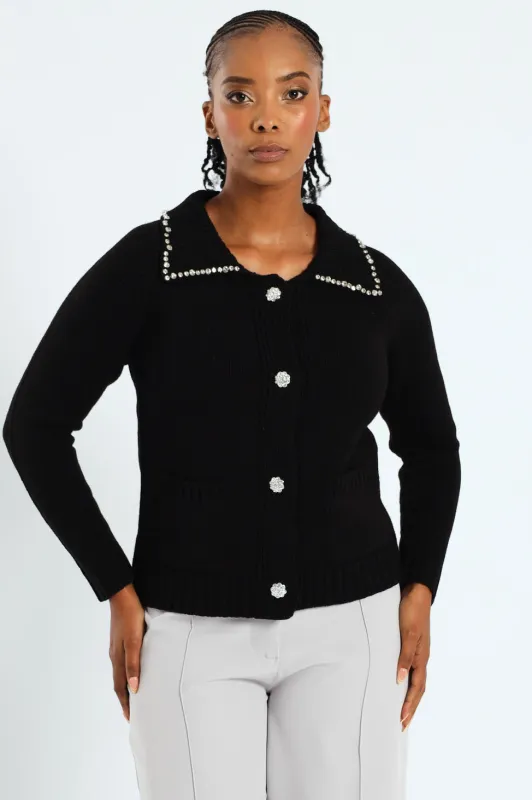Collared Cardigan With Diamante Trim - Black sold by Edgars