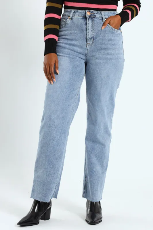 Hi-Rise Straight Leg Raw Hem Denim - Light Wash sold by Edgars