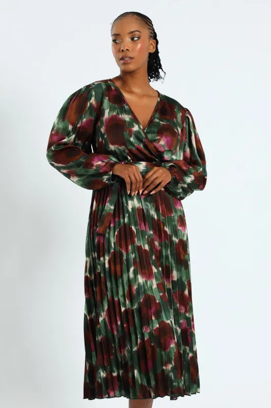 D-Ring Belted Pleated Satin Midi Wrap Dress sold by Edgars
