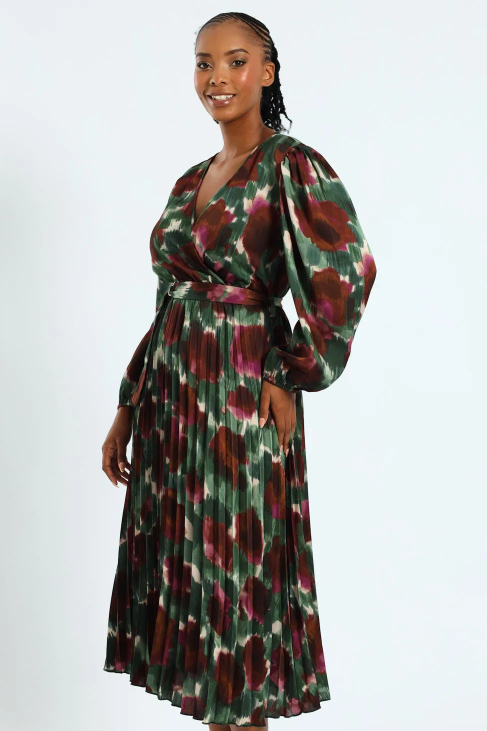 D-Ring Belted Pleated Satin Midi Wrap Dress sold by Edgars product image thumbnail 4