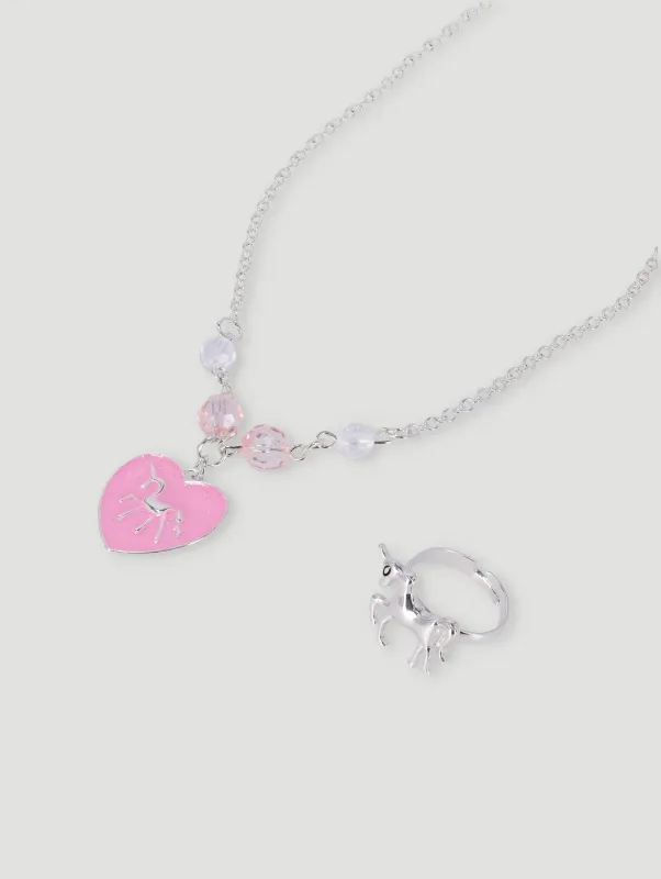 Pre-Girls Unicorn Heart And Ring Necklace sold by Edgars