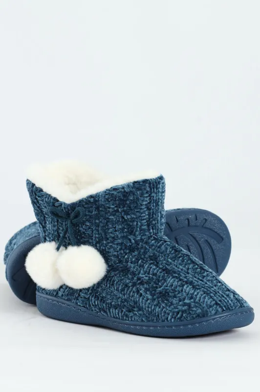 Cable Knit Slipper Bootie With Pompoms - Teal sold by Edgars