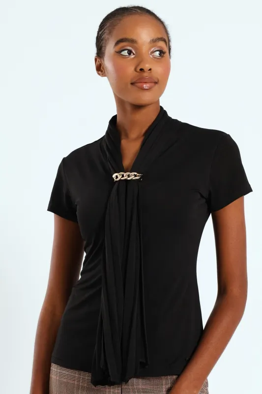 Pleated Tie Up Trim Blouse - Black sold by Edgars
